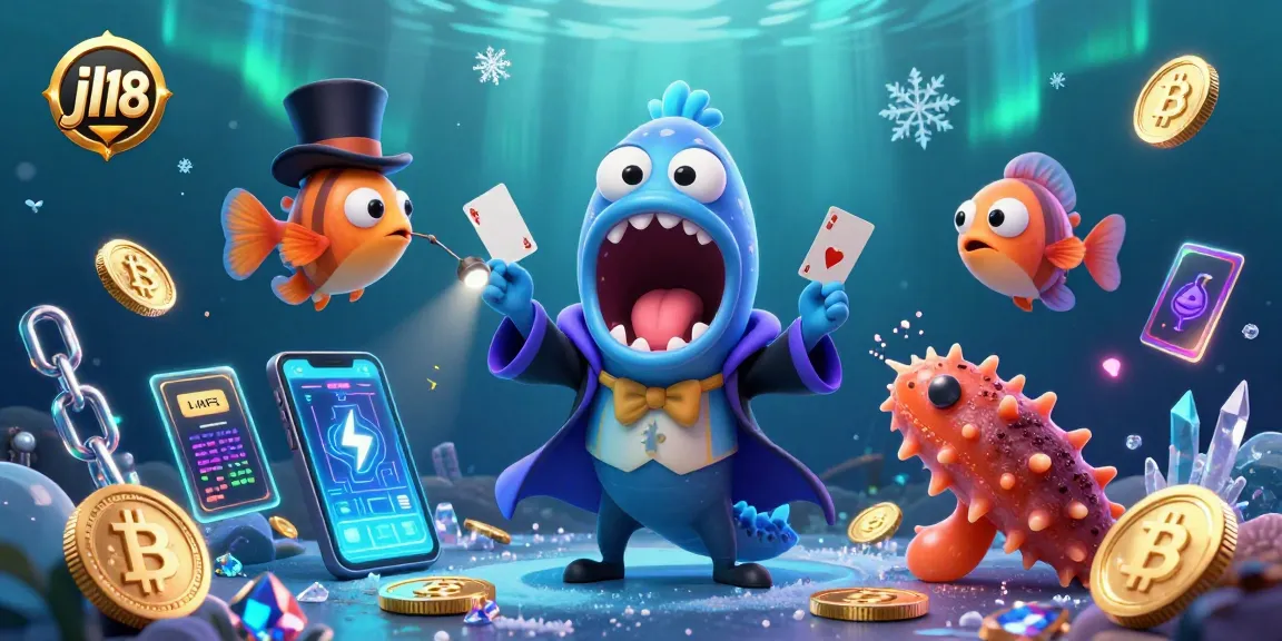 Experience the magic at jl18 with a 3D illustration of ocean creatures engaging in casino-themed card tricks.