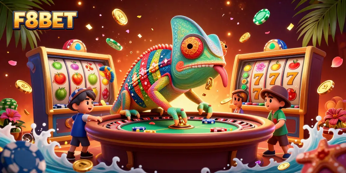 Engage with F8BET's vibrant online gaming world full of slots, chameleons, and treasures.