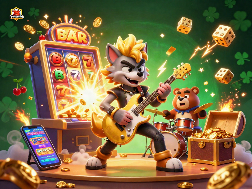 Engage in exciting casino action with 78wincom showcased in a vibrant 3D illustration of a rock star wolf and drummer bear