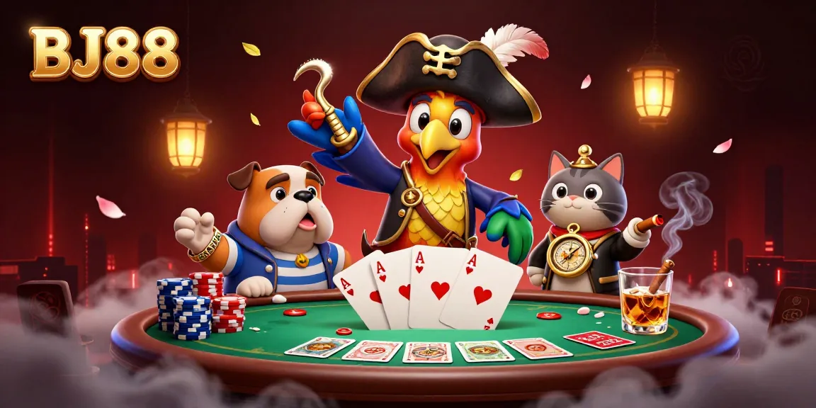 BJ88 pirates enjoy poker excitement with dynamic cards and chips in vibrant surroundings