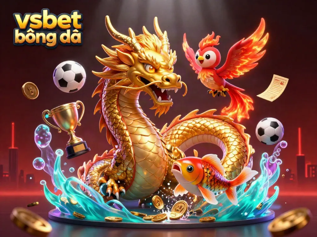Bet on vsbet bóng đá with a fierce dragon and phoenix surrounded by sports elements and gold coins.