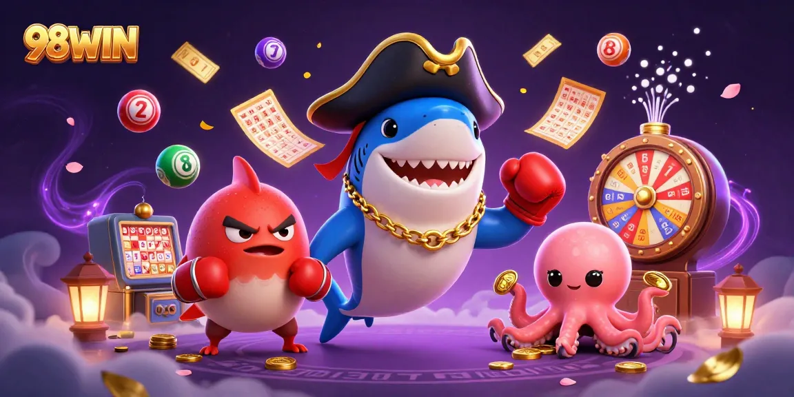 Engage with thrill at 98WIN's vibrant casino scene, showcasing characters and gaming excitement.
