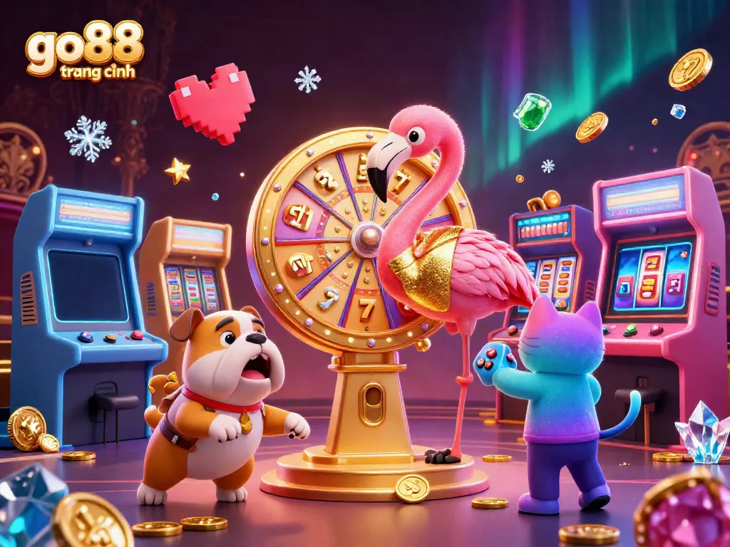 Experience excitement with GO88 trang chính as the flamingo host spins to reveal prizes in a colorful casino scene.