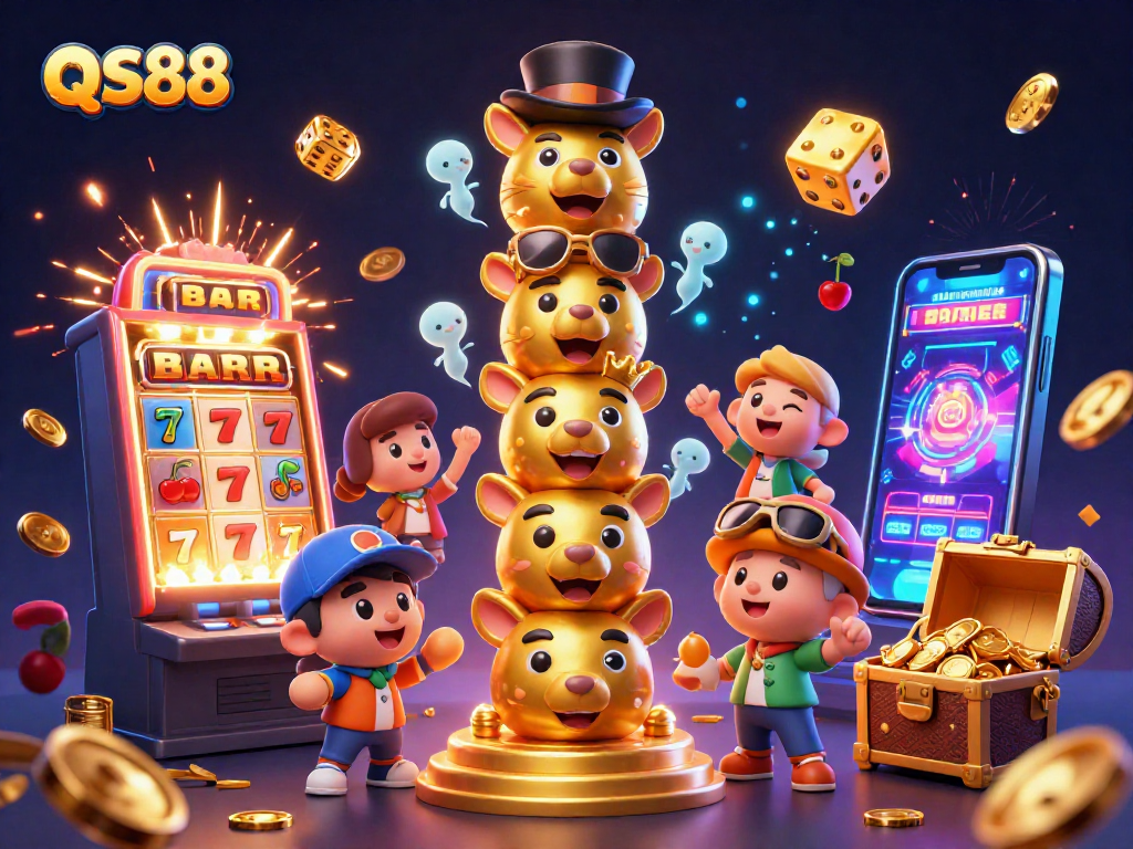 Win with QS88 – Vibrant 3D casino scene showcasing a colorful totem pole and explosive slot symbols.
