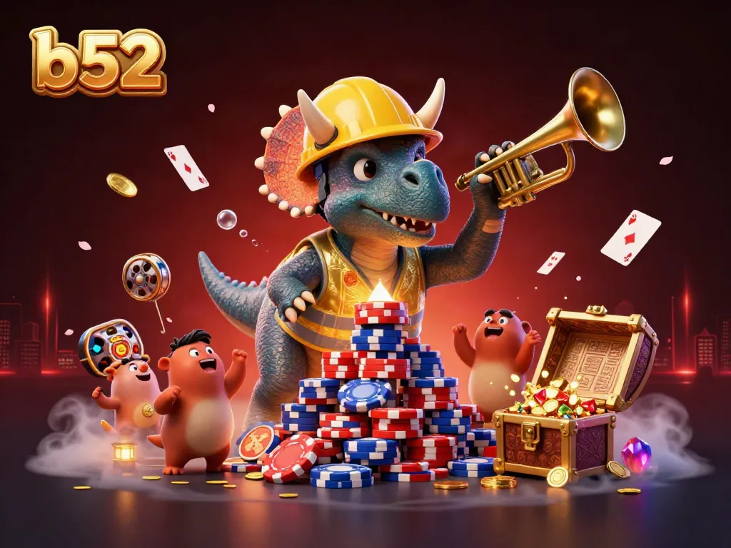 Engage in the thrilling atmosphere of b52 casino games with triceratops and a parasaurolophus celebrating surrounded by gold.