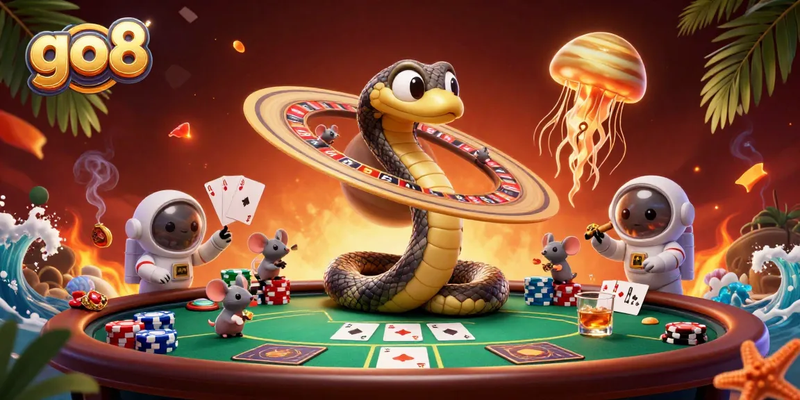 Engage in go8's cosmic casino experience with vibrant poker elements and unique characters.