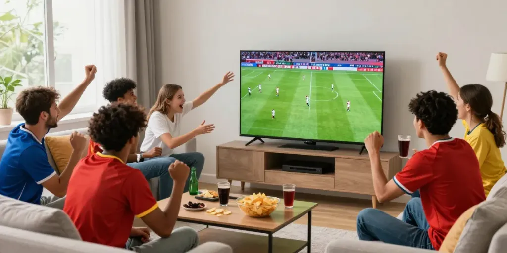 Friends enjoying a live soccer match on Thapcamtv in a cozy living room.
