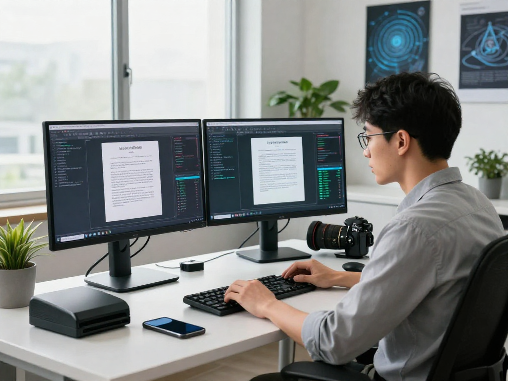 Document fraud detection in action with cybersecurity analyst analyzing data and software in a modern office.
