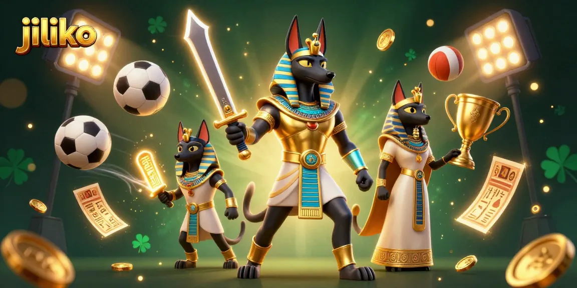 Engage with jiliko's vibrant 3D gaming scene featuring Anubis and Bastet amid sports elements.