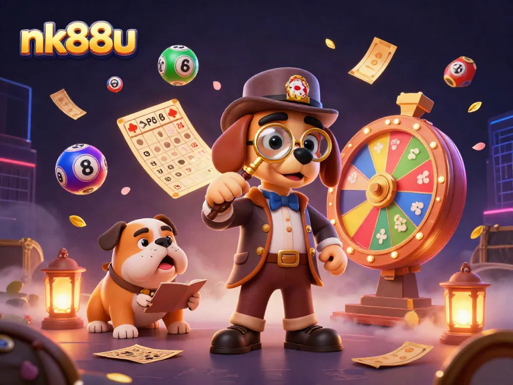 Engage with vibrant nk88u casino-themed illustration featuring a detective and treasure clues.
