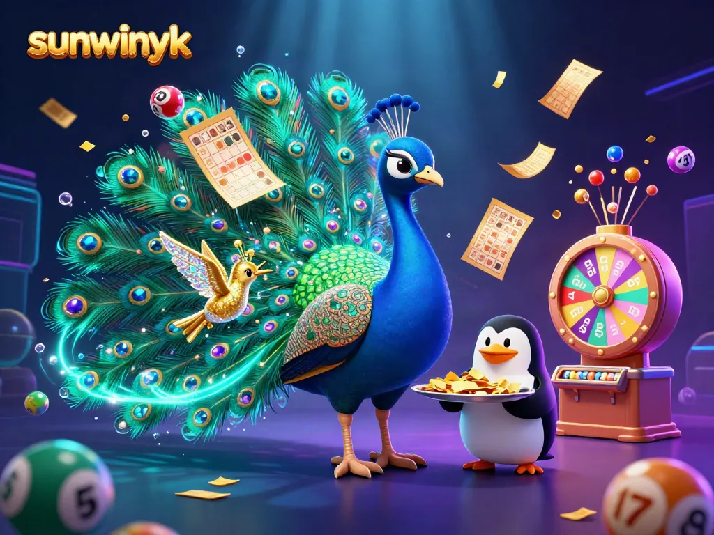 Experience the vibrant energy of sunwinyk with a dynamic 3D casino scene featuring lottery elements.
