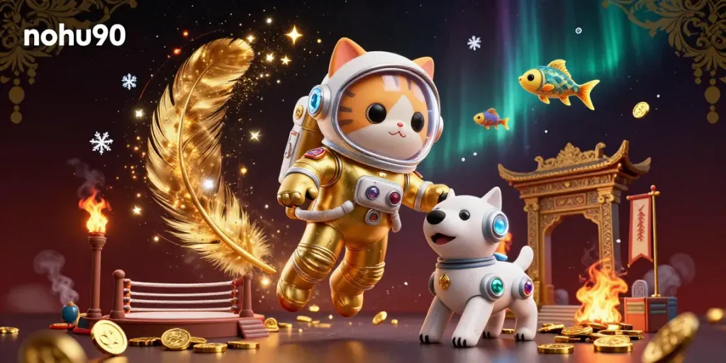 Nohu90 offers an exciting casino experience with vibrant 3D illustrations of a cat astronaut, robot dog, and stellar gameplay elements.