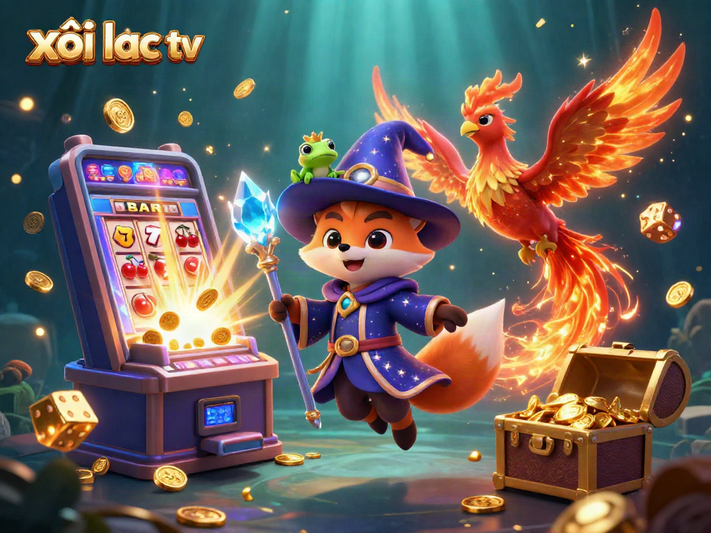 Engage with xôi lạc tv's vibrant slot machine explosion showcasing rich casino elements and fantasy characters.