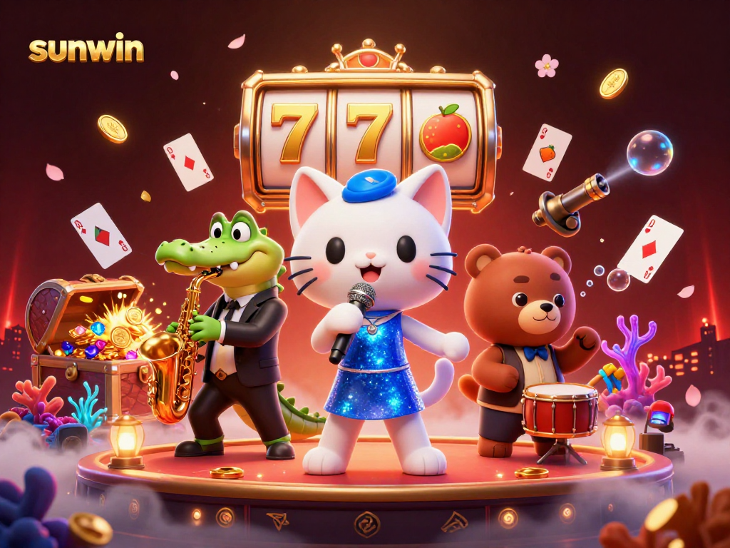 Experience sunwin's lively atmosphere with a jazz-singer cat, crocodile saxophonist, and bear drummer celebrating online gaming.