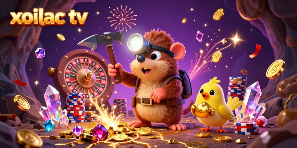 Xoilac TV showcases a dynamic scene with a treasure hunter mole amidst cascading golden coins and 3D roulette wheels.