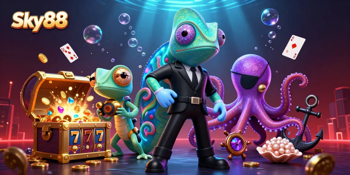Engage in thrilling gameplay with Sky88, where vibrant casino elements and characters come to life.