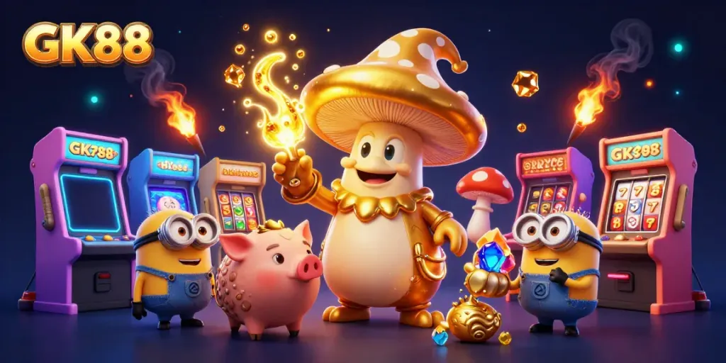 Spin the reels and win big with GK88's lively 3D casino scene featuring magical elements and slot games.