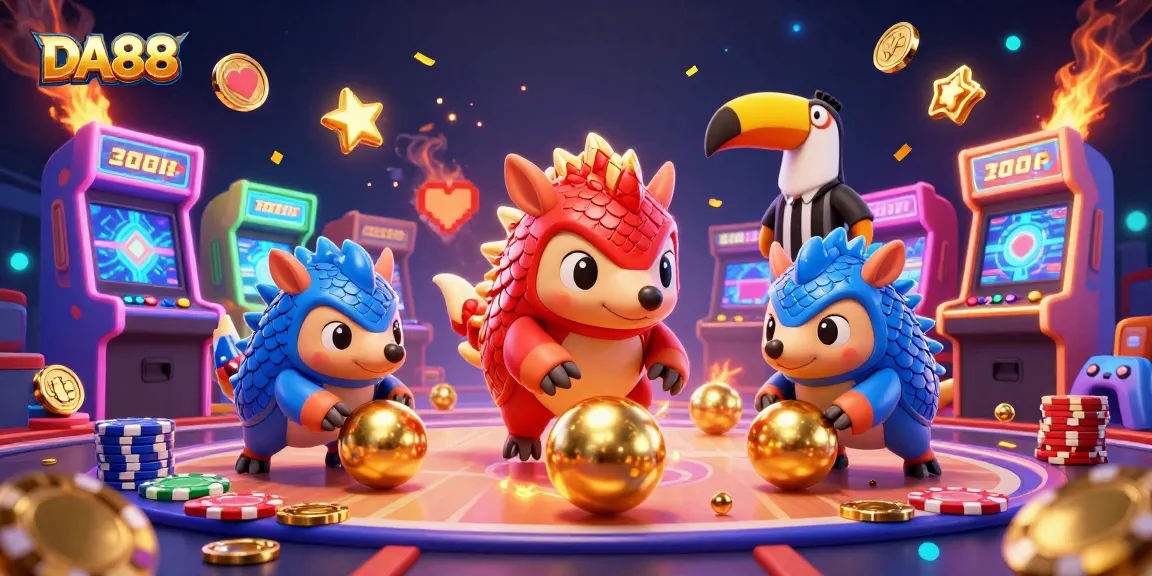 DA88 pangolins rolling golden balls in a vibrant casino game scene packed with action.