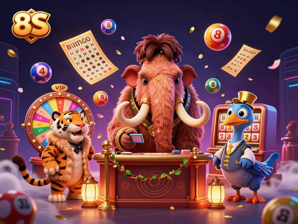 Engage in thrilling 8S casino action with vibrant lottery elements and cartoon characters.