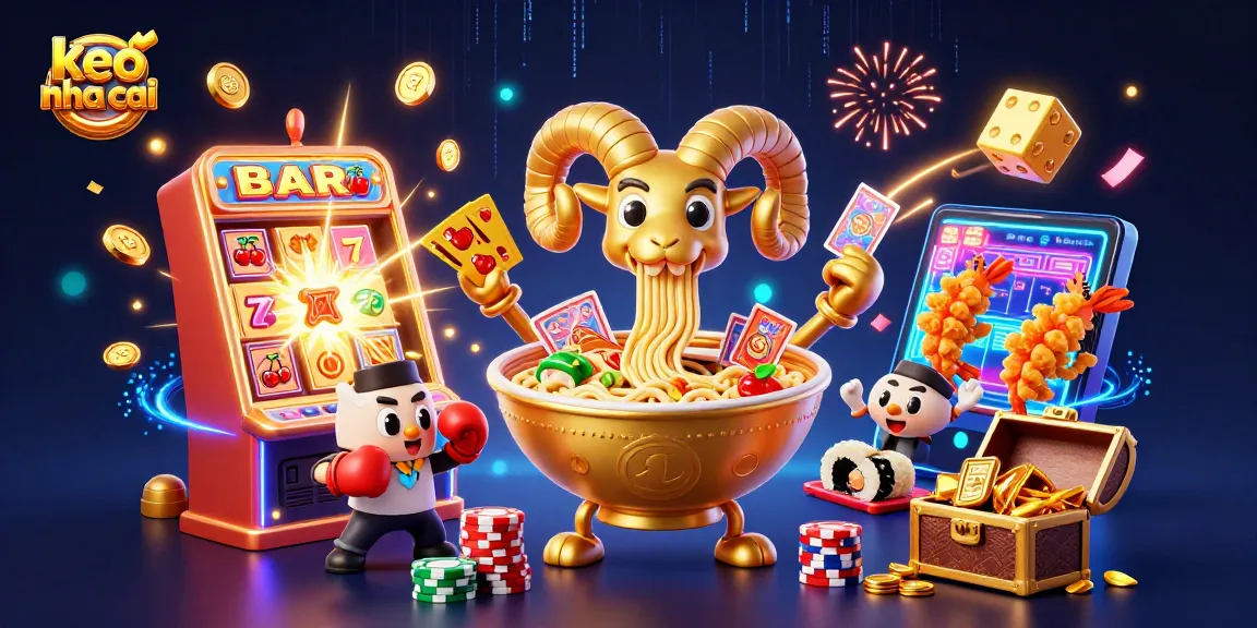 Engaging scene showcasing keo nha cai where a giant ramen bowl deals cards amidst a jackpot explosion.