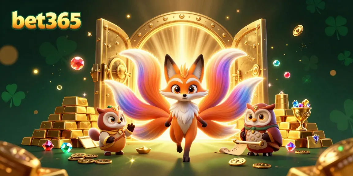 Engage with the vibrant bet365 experience featuring a nine-tailed fox spirit surrounded by a treasure vault and glowing gems.