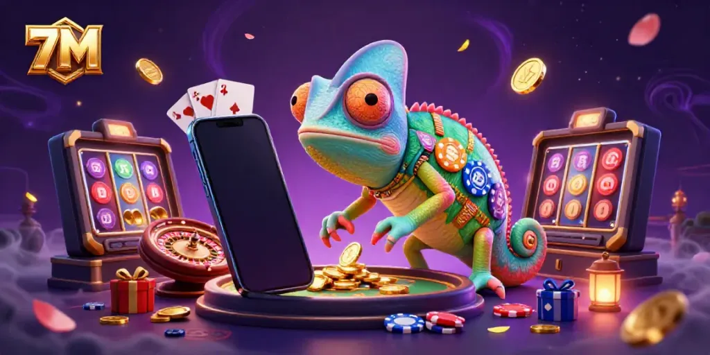 Engage with 7M's vibrant gaming experience through a colorful chameleon casino owner and dynamic game elements.