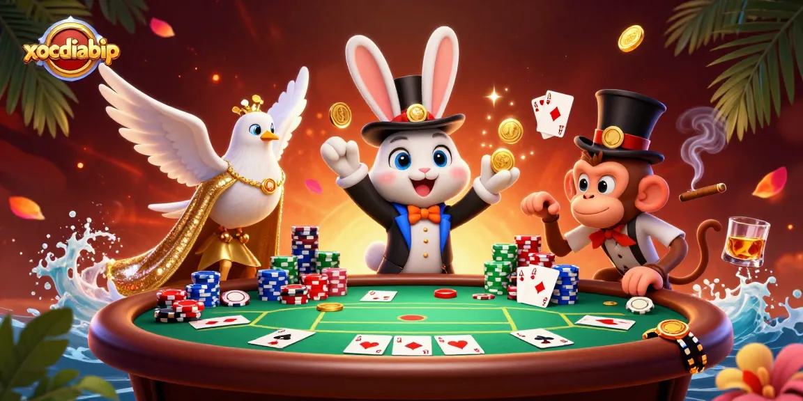 xocdiabip introduces a whimsical scene with a magician rabbit, dove, and monkey focused on poker chips and coins