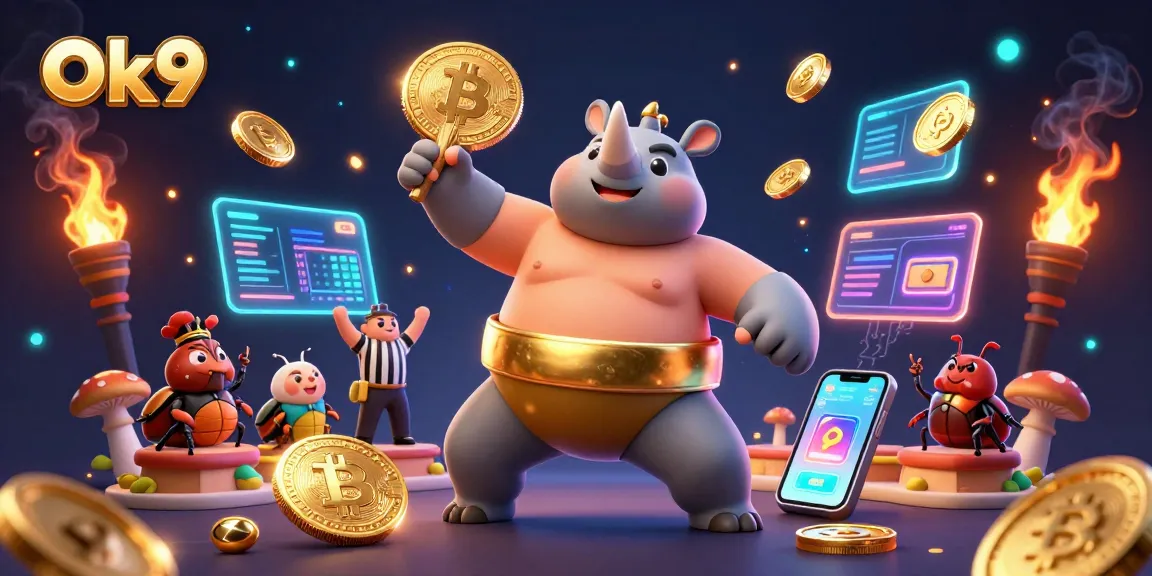 Experience thrilling gaming at Ok9 with vibrant characters and golden coins swirling in a dynamic casino scene.