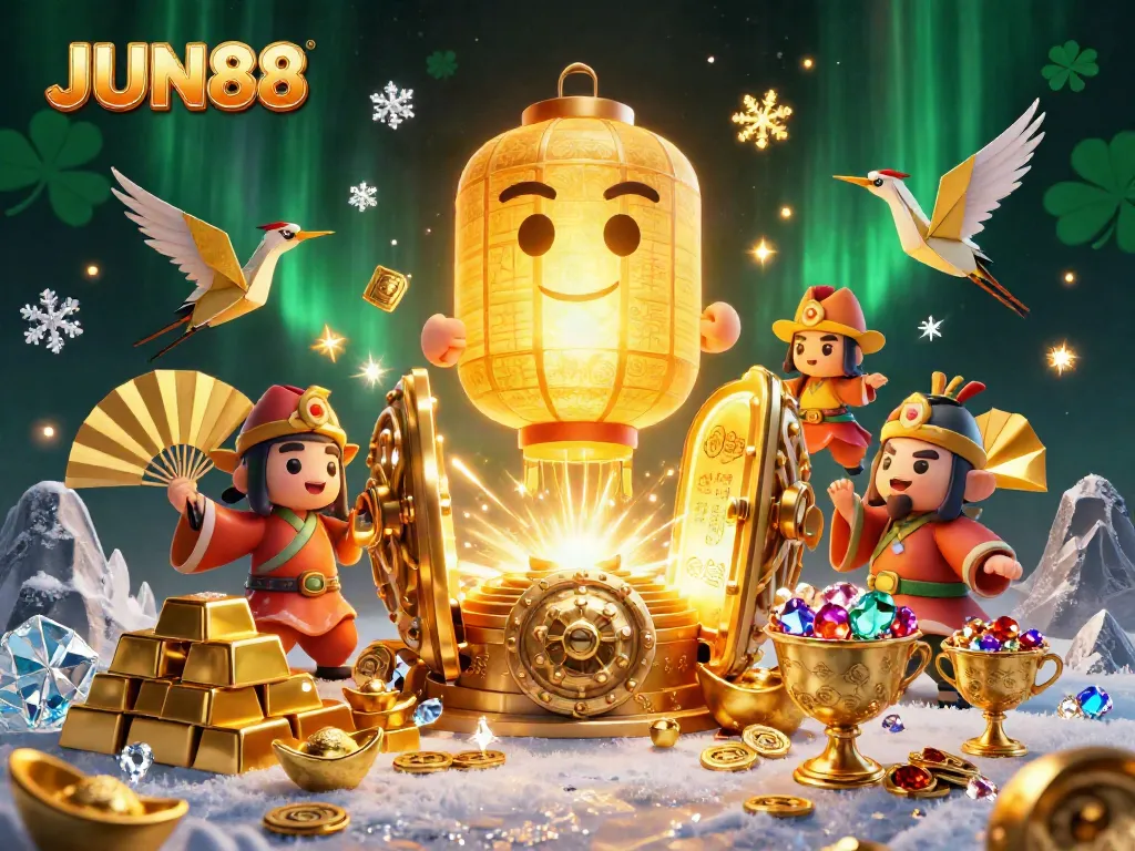 Experience the excitement of JUN88 with a vibrant 3D illustration showcasing casino elements and lucky characters.