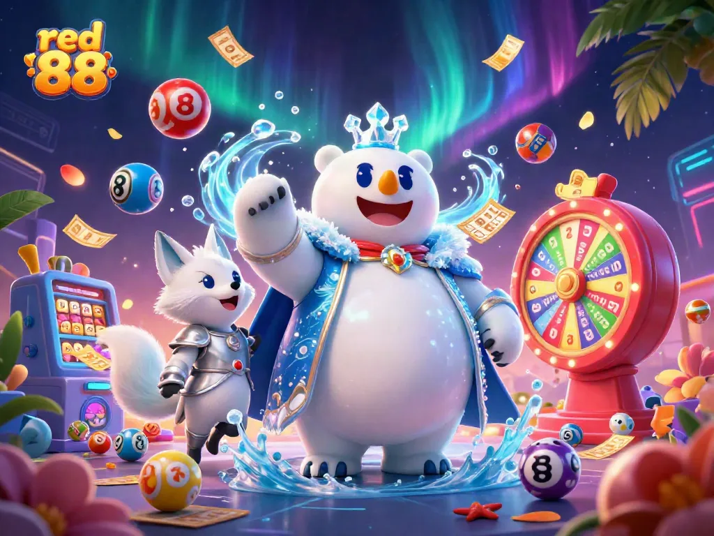 Experience the vibrant world of red 88 with playful lottery elements and dynamic characters in this energetic casino illustration.