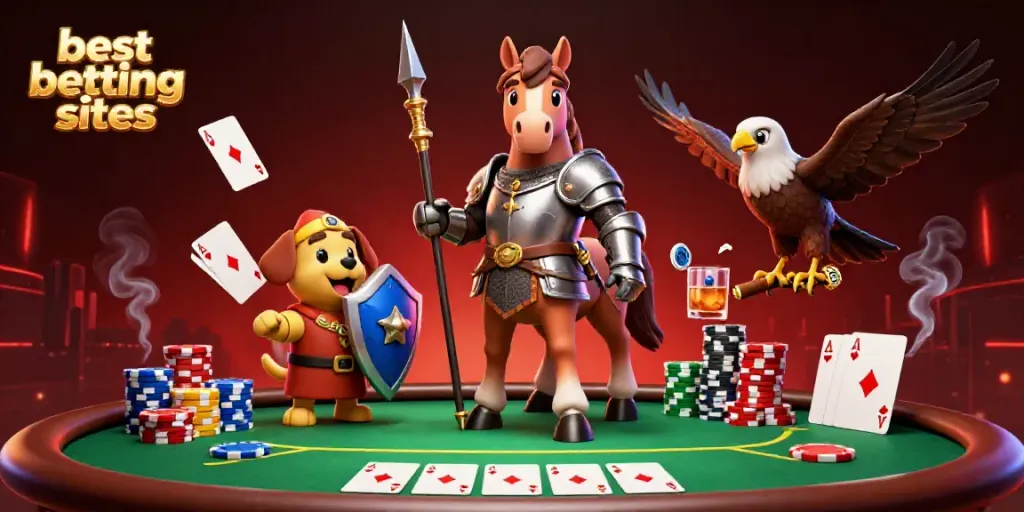 Engage with the best betting sites featuring a knight, squire, and falcon in a casino scene.