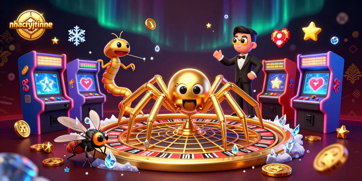 nhacaiuytinne showcases a golden spider spinning a roulette wheel web as a fly bets nervously in a vibrant casino scene