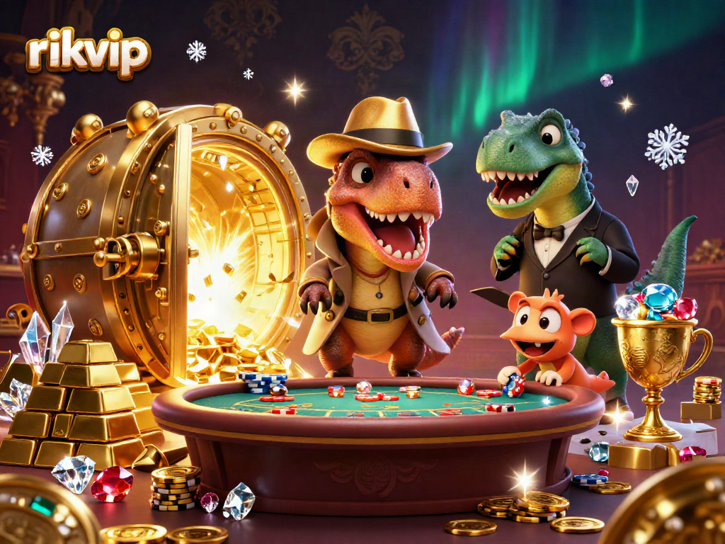 Experience thrilling blackjack action with Rikvip's cartoon velociraptor in a vibrant casino scene.