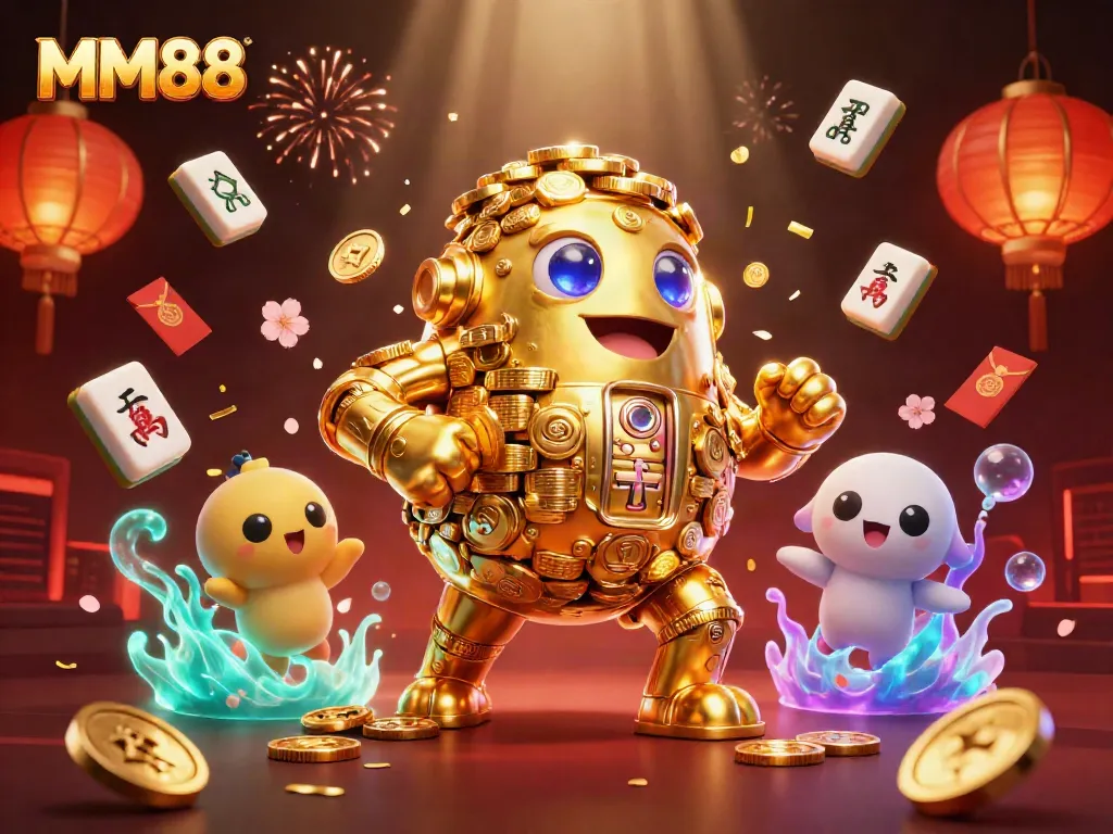 Win big with MM88's thrilling gaming experience featuring a golden golem amidst festive casino elements.