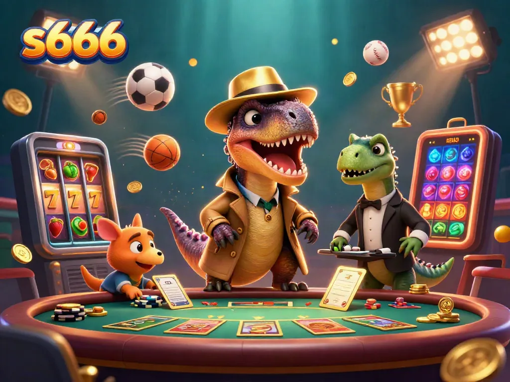 Dynamic scene of cartoon velociraptor card counter at s666 casino table amidst vibrant gaming elements.