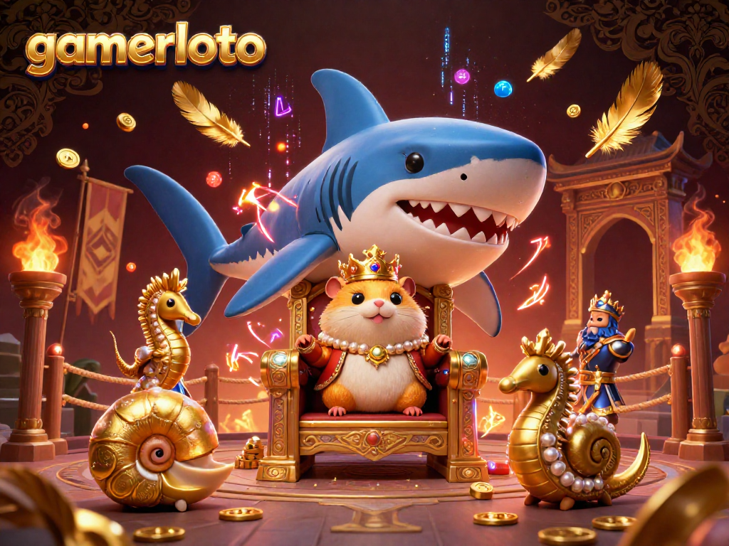 Experience the thrilling vibe of gamerloto with a fierce golden hamster king amidst vibrant casino elements.