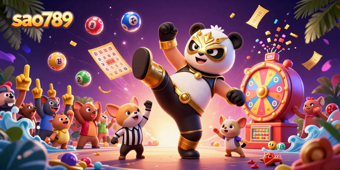 Experience exciting gambling action at sao789 with colorful lottery balls and energetic characters.