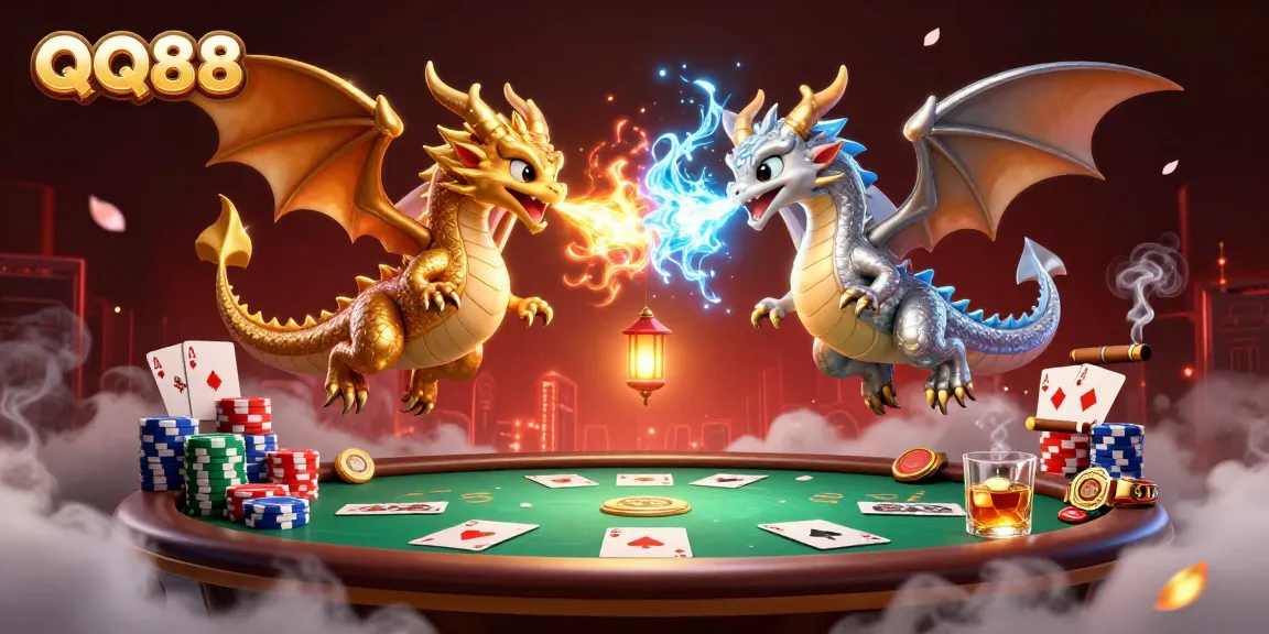 Experience thrilling gameplay with QQ888, as dynamic dragons soar above a poker table laden with treasures.