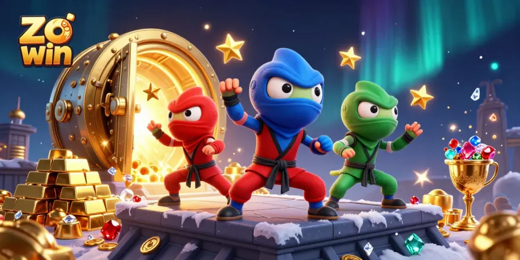 Experience the excitement of Zo win with ninja chameleons showcasing martial arts amidst treasure.