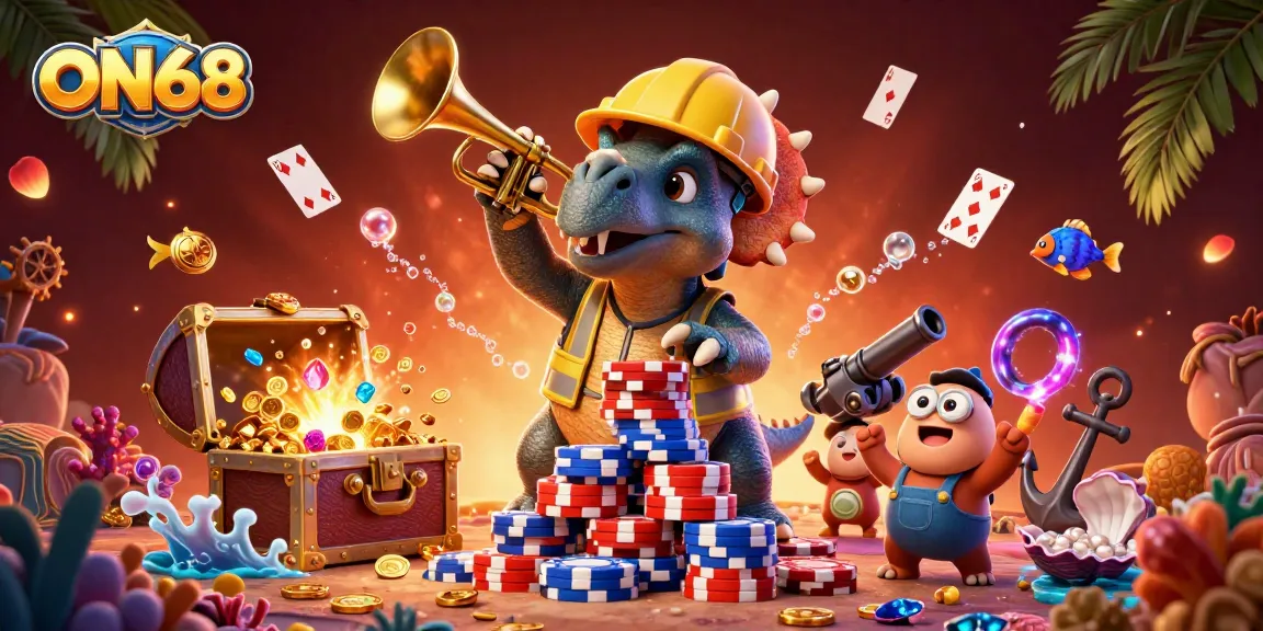 Experience the engaging ON68 gaming scene with vibrant characters celebrating a jackpot of casino-themed treasures.