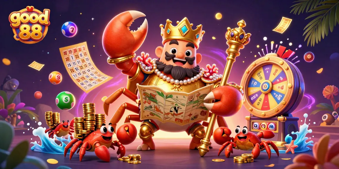 Engage with good 88 treasures as the crab emperor oversees exciting online casino games and lottery fun.