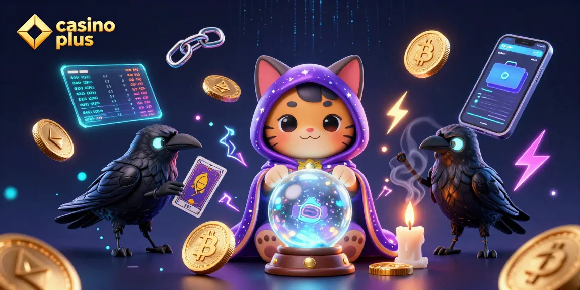 Experience the excitement of casino plus with interactive features including glowing Bitcoin coins and a mystic cat.