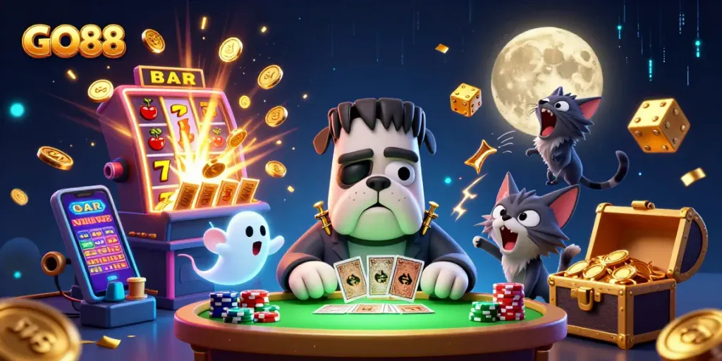 GO88 casino illustration showcasing vibrant gaming elements and characters in an exciting atmosphere