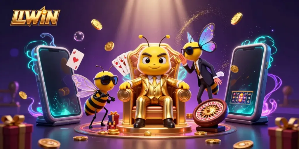 Experience LLWIN's vibrant online gambling scene with a bumblebee mob boss surrounded by gaming elements.