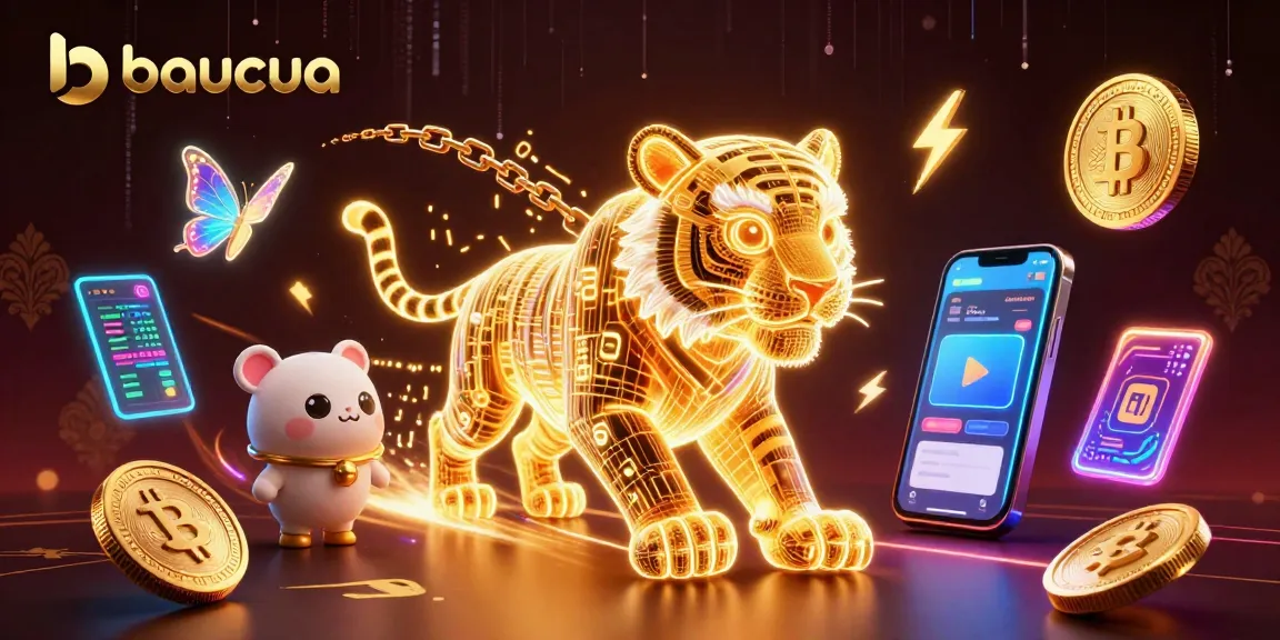Experience the thrilling baucua game with a neon-wireframe tiger amidst crypto elements.