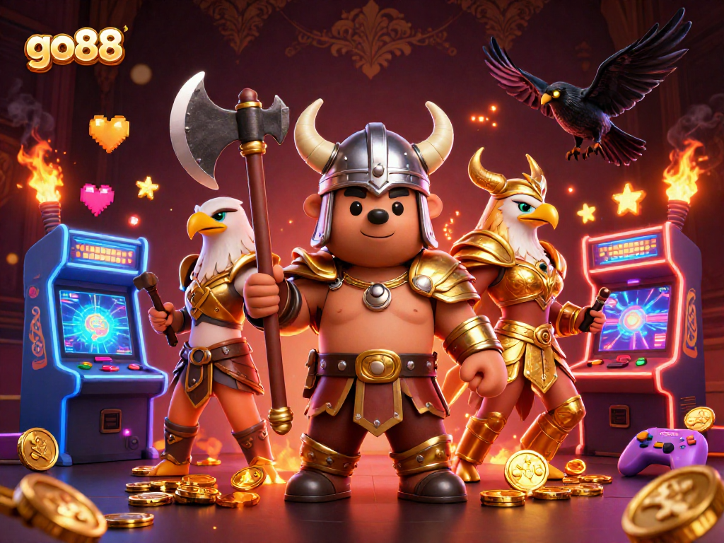 Experience the excitement of go88 with a dynamic 3D gaming scene featuring unique characters and game elements.