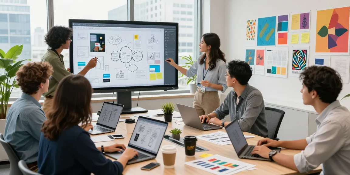 Engaged team collaborating on creative ideas with google mixboard in a modern workspace