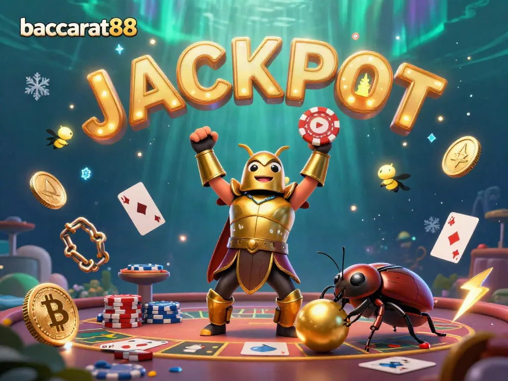 baccarat88 brings excitement with hercules beetle holding a poker chip, a dung beetle, and jackpot fireflies.