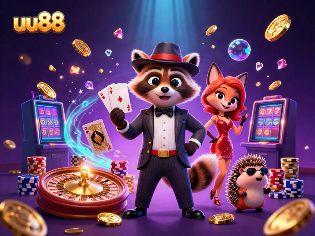 Experience the excitement of uu88 with a charming raccoon, fox lady, and a hedgehog at a colorful casino.