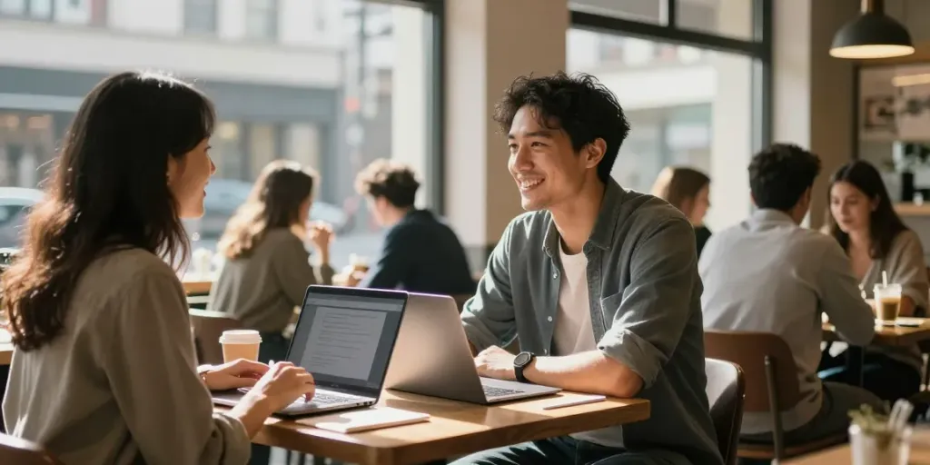 Engaging urban coffee shop scene showing man talking to woman to avoid the friendzone.